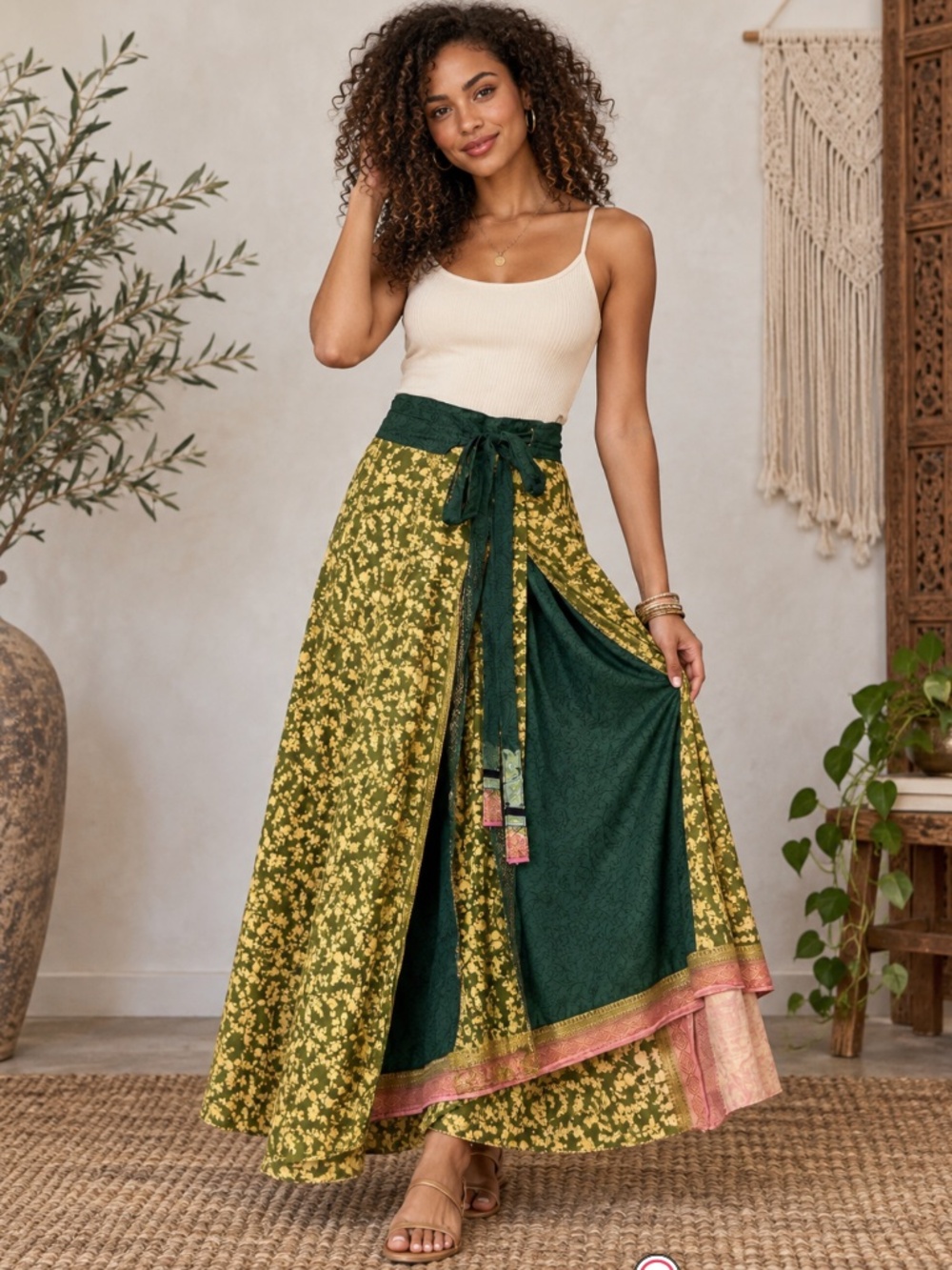 Reversible Boho Wrap Maxi Skirt Green Floral Patchwork Tie Waist Festival Hippie